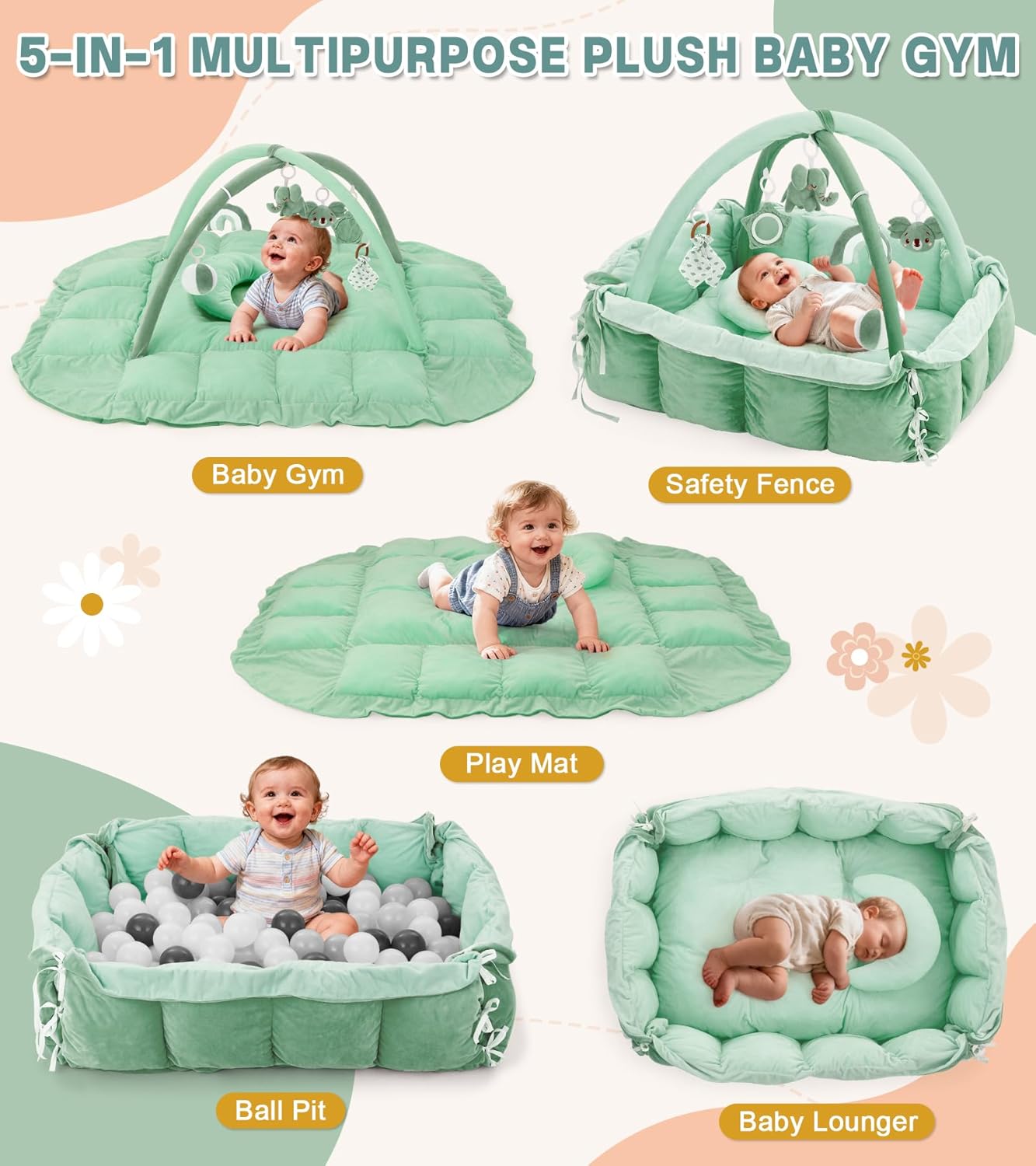 5-in-1 Baby Play Gym and Tummy Time Mat, Tummy Time Pillow & 12 Learning Cards, Plush Activity Mat with 6 Toys, Baby Gym, Convertible to Ball Pit & Pet Bed, Baby Gift, Sage Green