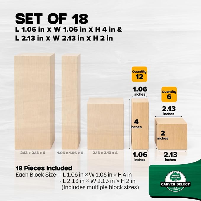 Basswood Carving Blocks Set of 18 – Wood Carving Kit