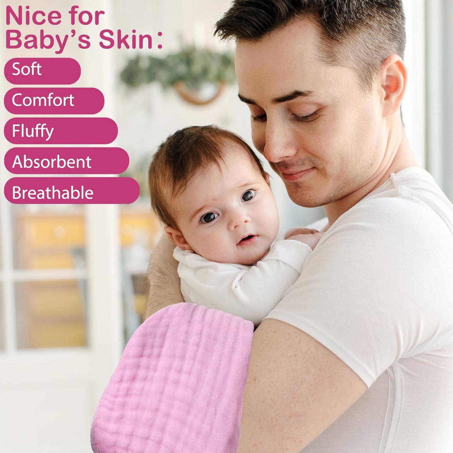 VitalCozy 6 Pcs Baby Muslin Hooded Bath Towels and Washcloths, 32 x 32 Inch Muslin Cotton Hooded Baby Towels Absorbent Hooded Blankets for Gift Newborn Infant Shower (Rose Red,Pink)