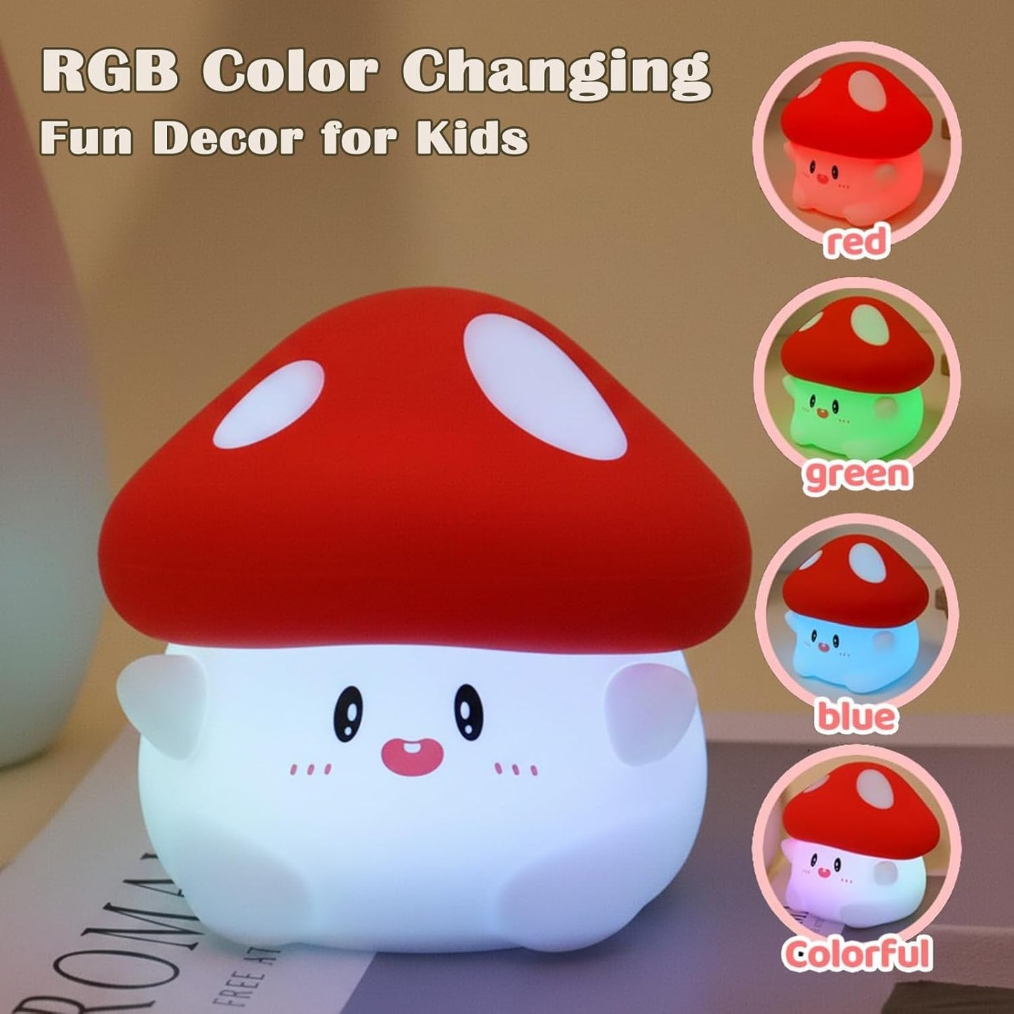Mushroom Night Light with Squishy Soft Silicone, RGB Flashing Color, Dimmable Rechargeable Portable Touch Mushroom Gifts Decor for Girls Boys
