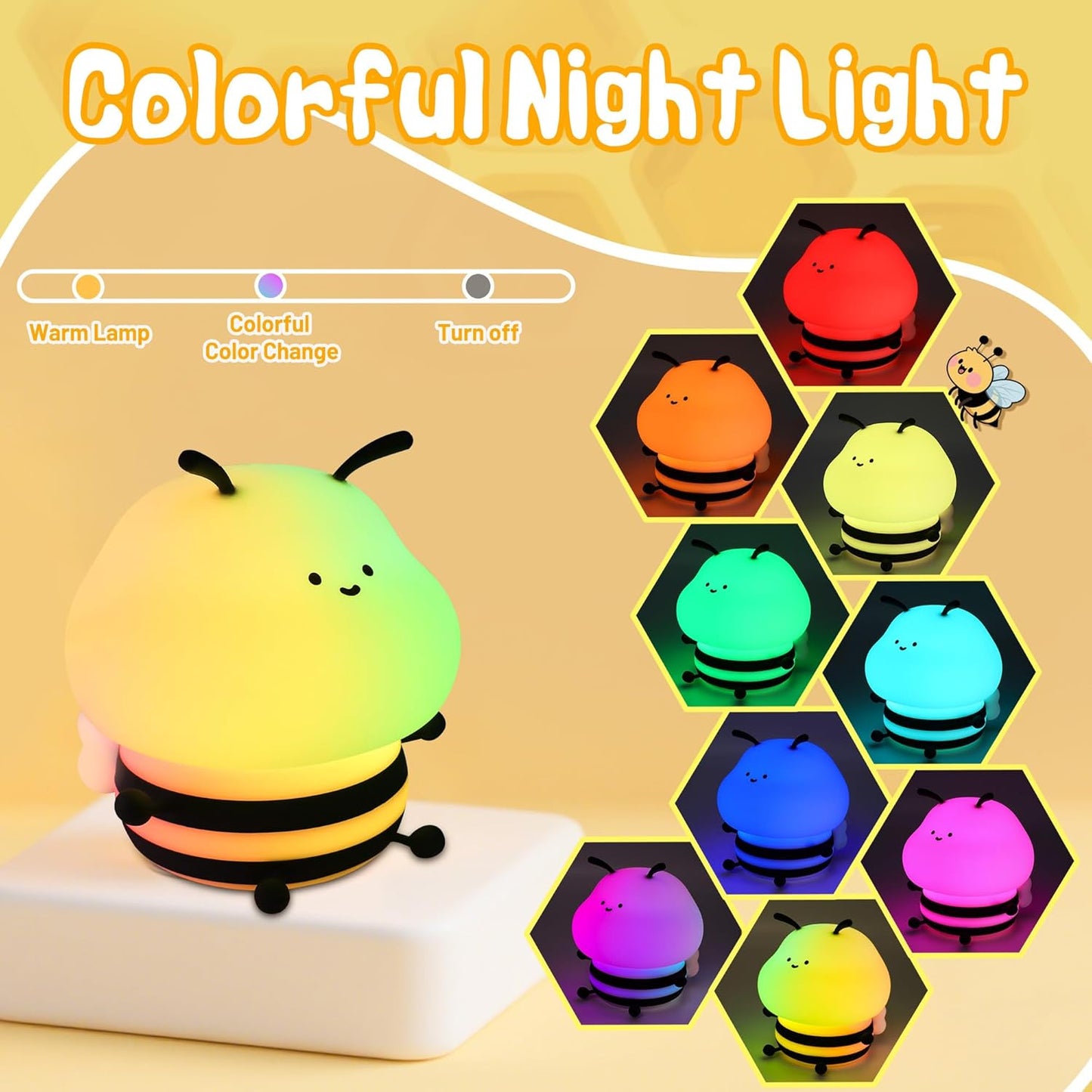 Attivolife Bee Night Light, Cute Bumble Bee Gift for Kid, Animal Silicone Nursery Lamp with 8 Color Light & Dimming & Timer, Rechargeable Bedroom Classroom Decor Birthday Xmas Gift for Girl Boy