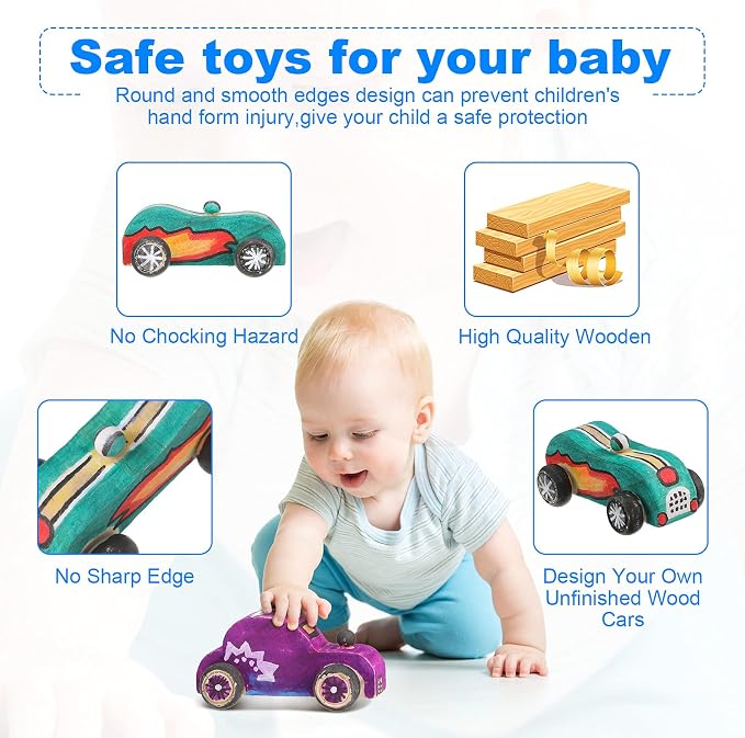 Zhanmai 24 Pcs Unfinished Wooden Cars to Paint DIY Craft | Kids Paint Craft Kit