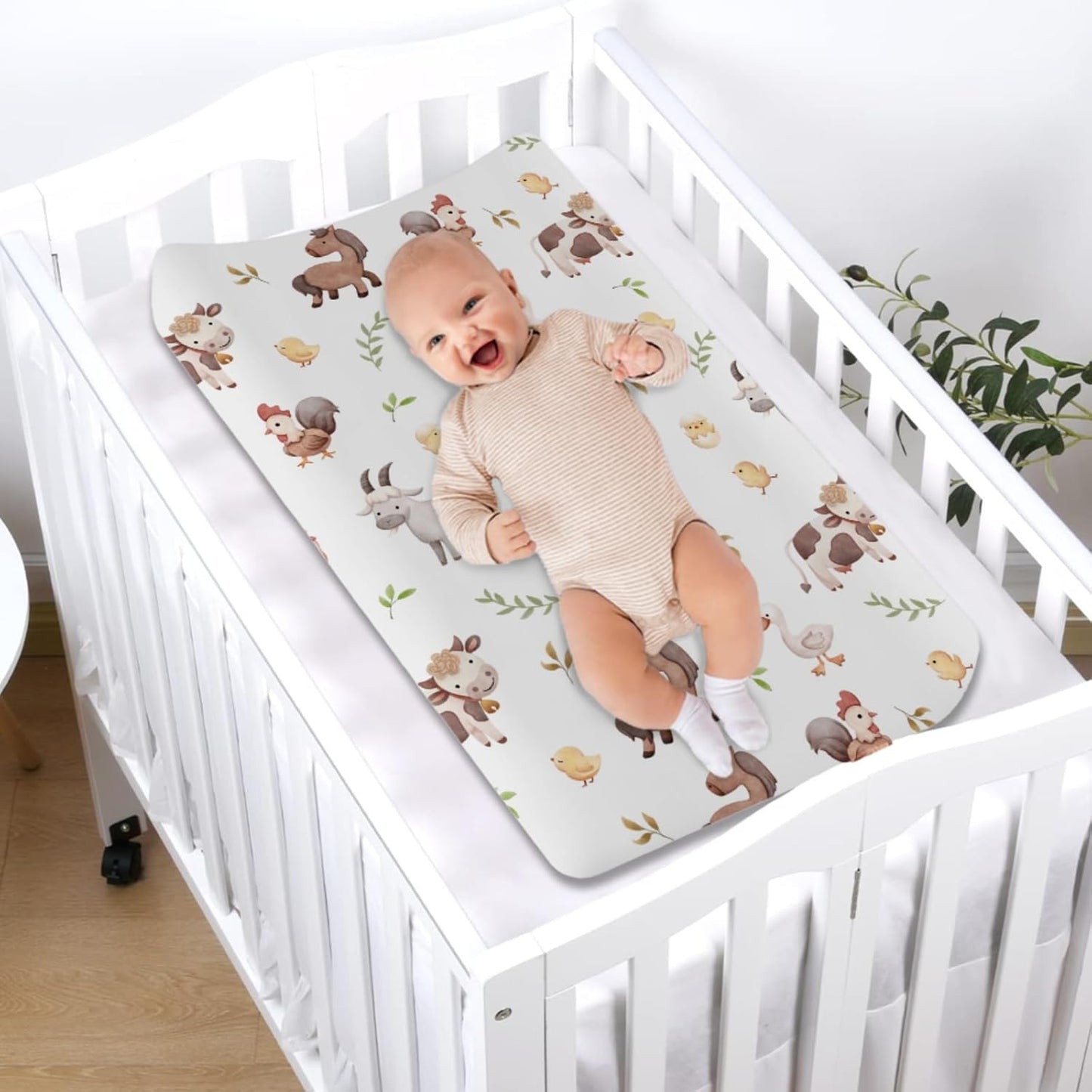 Baby Farm Life Changing Pad Covers for Boy Girl 32''x16'' Farm Animals Pig Goat Horse Cow Chick Rooster Duck Leaves Unisex Fitted Diaper Changing Pad Mats Soft Cradle & Bassinet Sheets