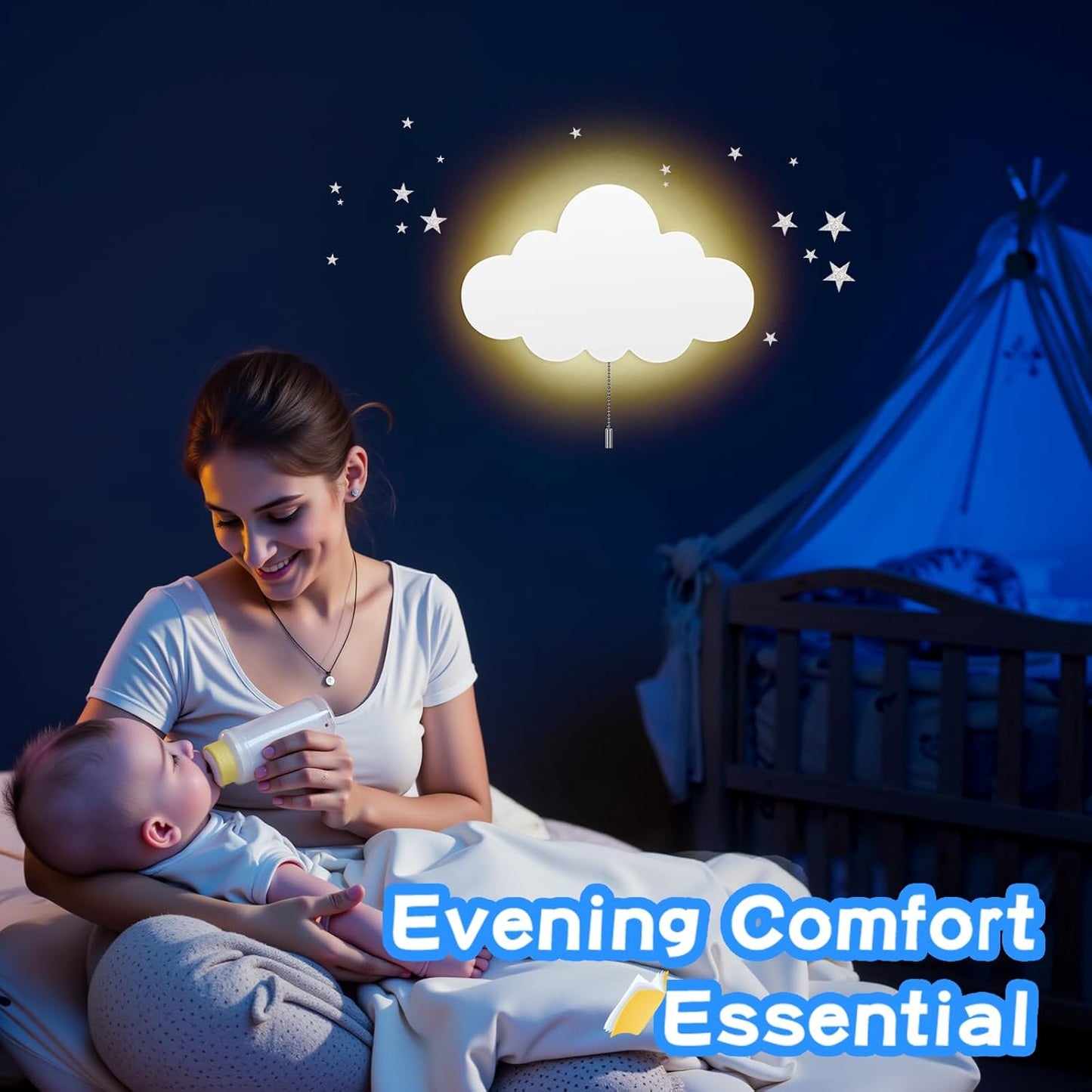 2 Pack Cloud Light - Battery-Powered Wall Lamp for Nursery, Kids Bedroom & Baby Room, 3000K Warm Night Light with Pull-String Switch, Cordless 3.7V, Lightweight 13x8in (No Charging Needed)