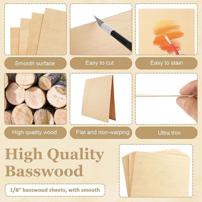 24 Pack 12 x 12 x 1/16 Inch Baltic Birch Plywood 1.5mm Wood Sheet, Baltic Birch