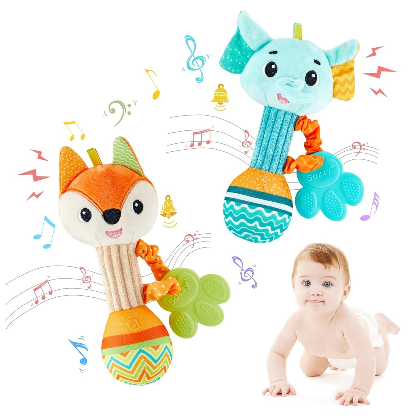 Baby Rattles 0-6 Months，Baby Soft Rattles Shaker，Hand Grab Sensory Shaker,Teething Toys for Babies 6-12 Months，Sensory Plush Animal Toys for 0 3 6 9 12 Months Newborn Toys, 2PCS