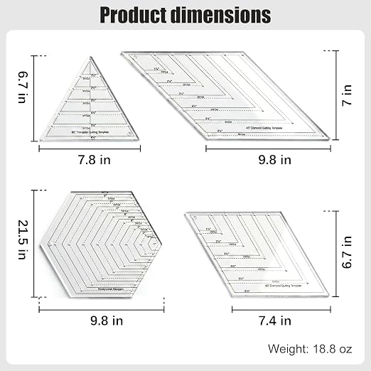 4 Pcs Quilting Ruler Set, 60 Degree Triangle and Diamond, 45 Degree Diamond
