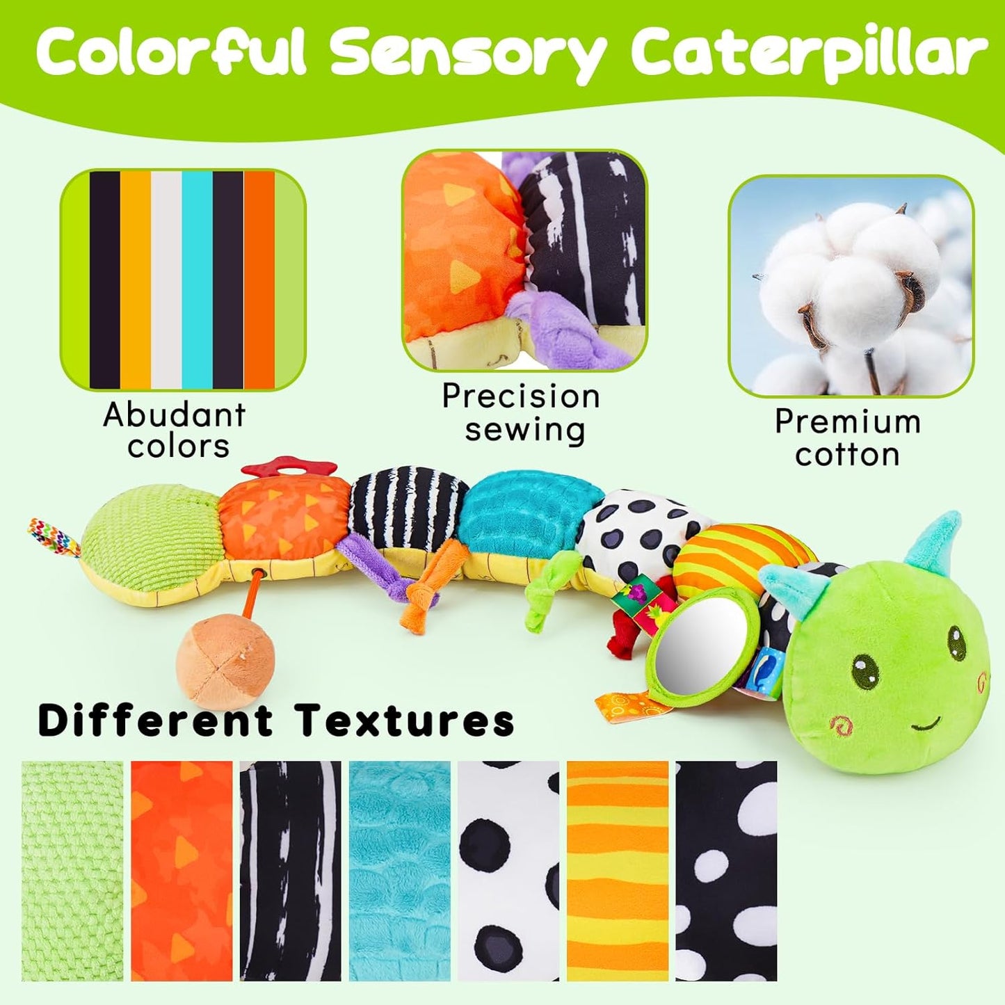 Baby Sensory Toy 0-6 Month Music Animal Stuffed Plush Caterpillar Toy for Infant 0-3-6-12 Month Old Tummy Time with Baby Mirror Crinkle Rattle Carseat Toys for Newborn Boys Girl Shower