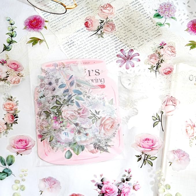 100 Pcs Pink Flower Stickers for Scrapbooking Junk Journal Notebook Diary