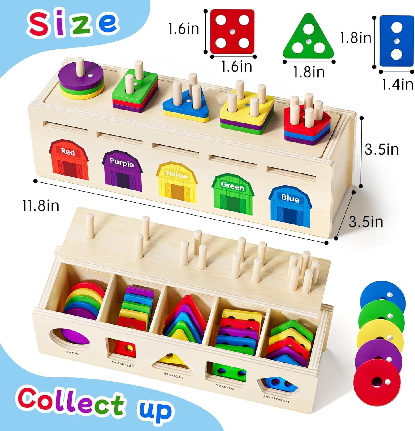 Montessori 4 in 1 Wooden Sorting Shape Sorter and Stacking Toy Box Color Matching Counting Fishing Game Preschool Educational Toys for 3 Years Boys and Girls Gifts