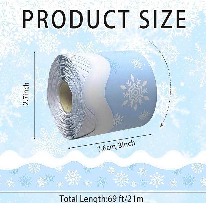 69ft Winter Snowflake Border，Scalloped Rolle Trim Light Blue Classroom Borders
