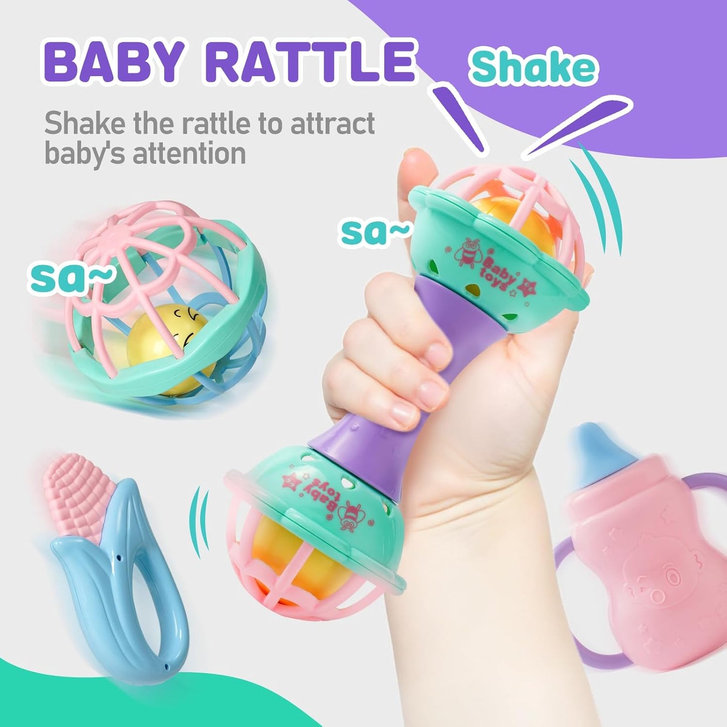 Baby Rattles 0-6 Months,Infant Sensory Teething Toys Set for 3-6 Months with Wrist Socks,Learning Developmental Toys,Perfect Baby Gift for 6-12 Months Newborn Boys Girls (Purple Rattle Set)