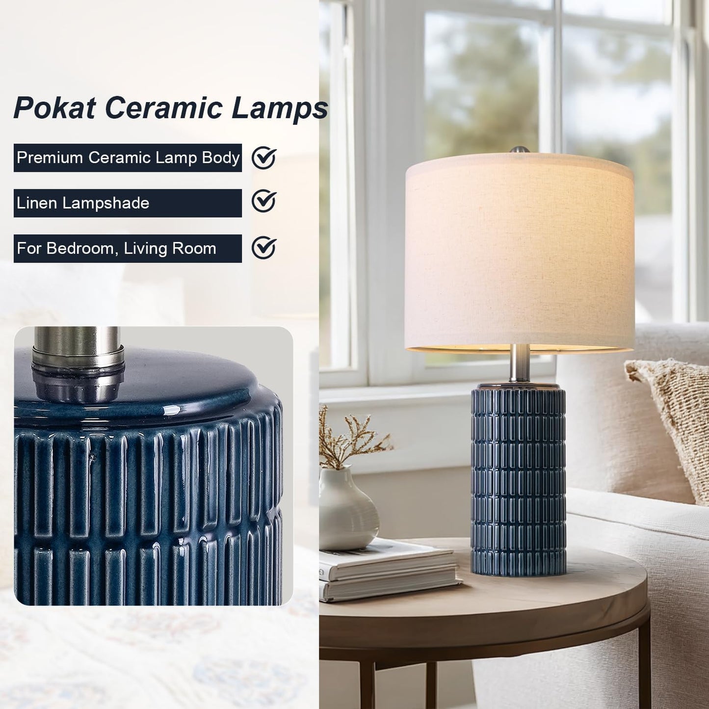 PoKat 20.75" Small Blue Table Lamps, Farmhouse Bedside Lamps for Bedroom Set of 2, Ceramic End Table Lamps for Night Stands Living Room, Modern Nightstand Desk Lamps, Dark Blue