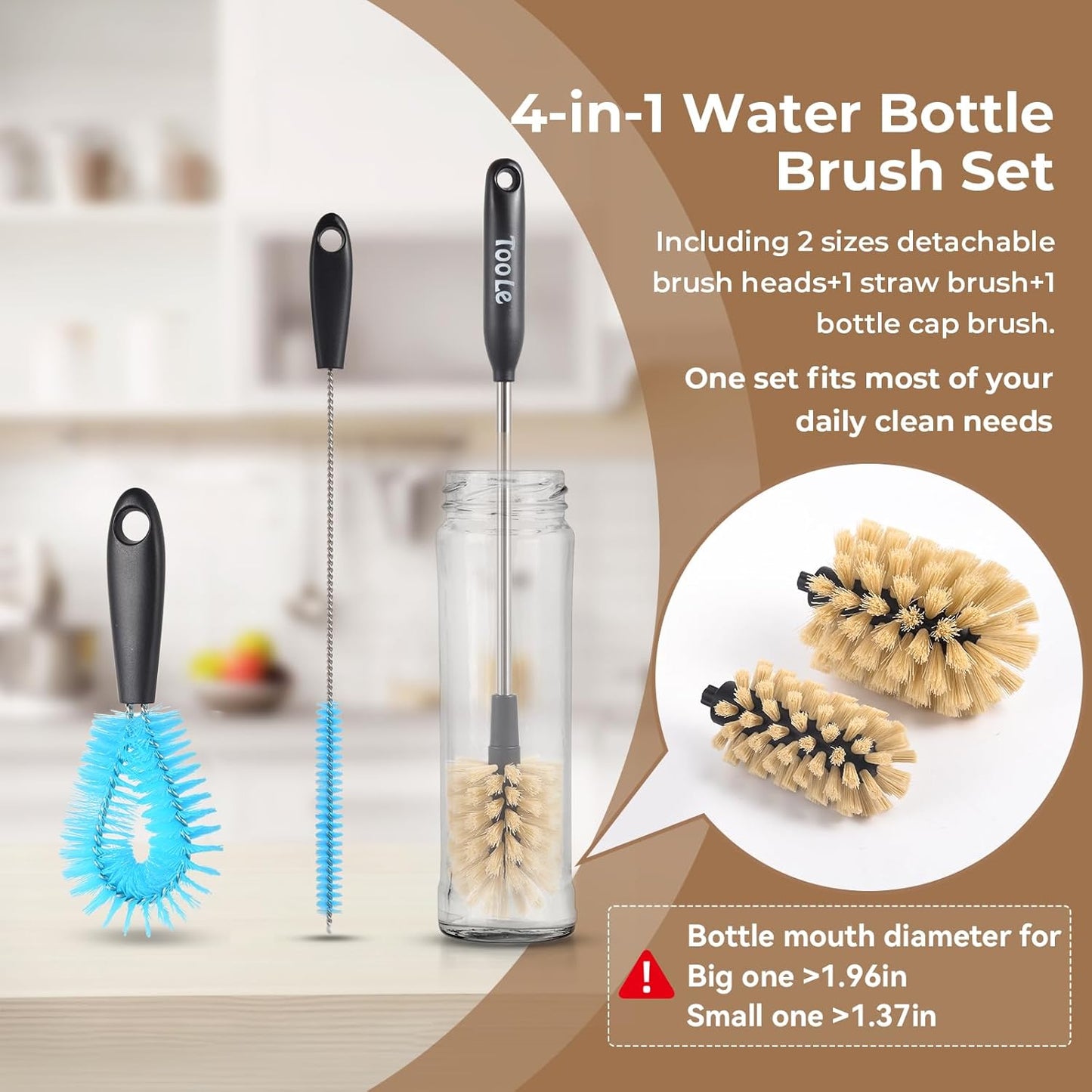 4-in-1 Water Bottle Brush Cleaner, Bottle Brush & Straw Cleaner Brush, Long Handle Water Bottle Scrubbing Brush with Replacement Brush Head for Narrow Bottle,Coffee Mugs,Tumblers,Straws, Lid Cleaning