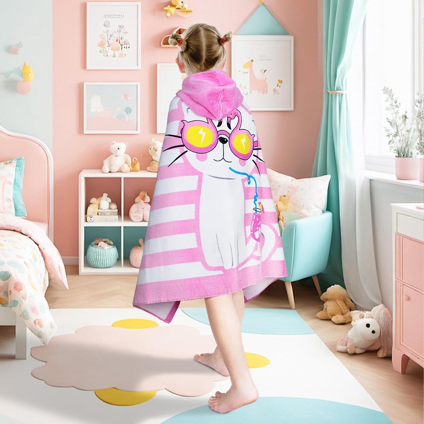 Kids Hooded Bath Towel-Soft Thick 100% Cotton Hooded Beach Towel for Kids 3-10 Years,Absorbent Fast-Drying Cute Toddler Bath & Swim Towel,for Boys & Girls 30"x50"(cat Pink)