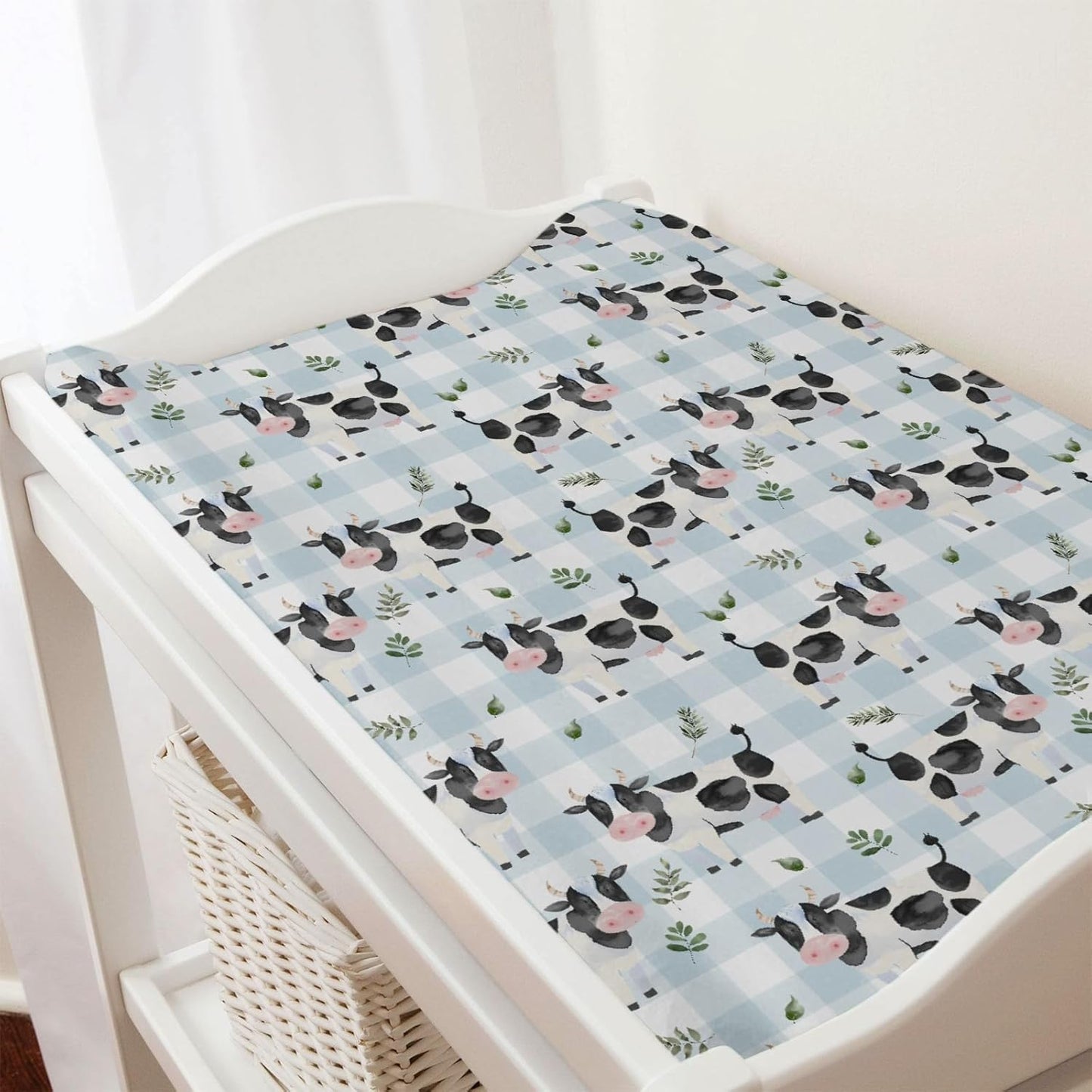 Cow Boho Leaves Changing Pad Covers Spring Farm Animals Leaves Changing Pad Cover Sheets for Boy Girl Cow Plaids Soft Breathable Stretchy Baby Diaper Changing Table Mat Cover 32''x16''