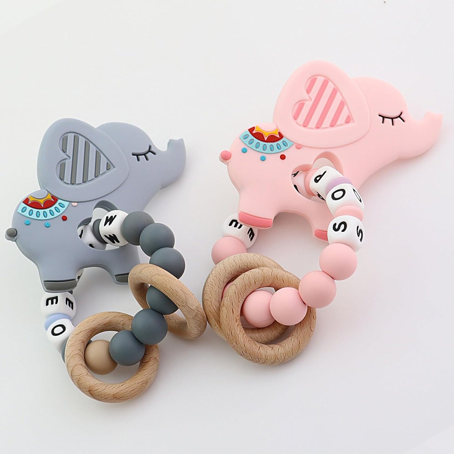 Personalized Baby Teether Rattle with Name – Custom Wooden Teething Toy for Boys & Girls – Handmade Elephant Keepsake Baby Shower Gift (Pink)