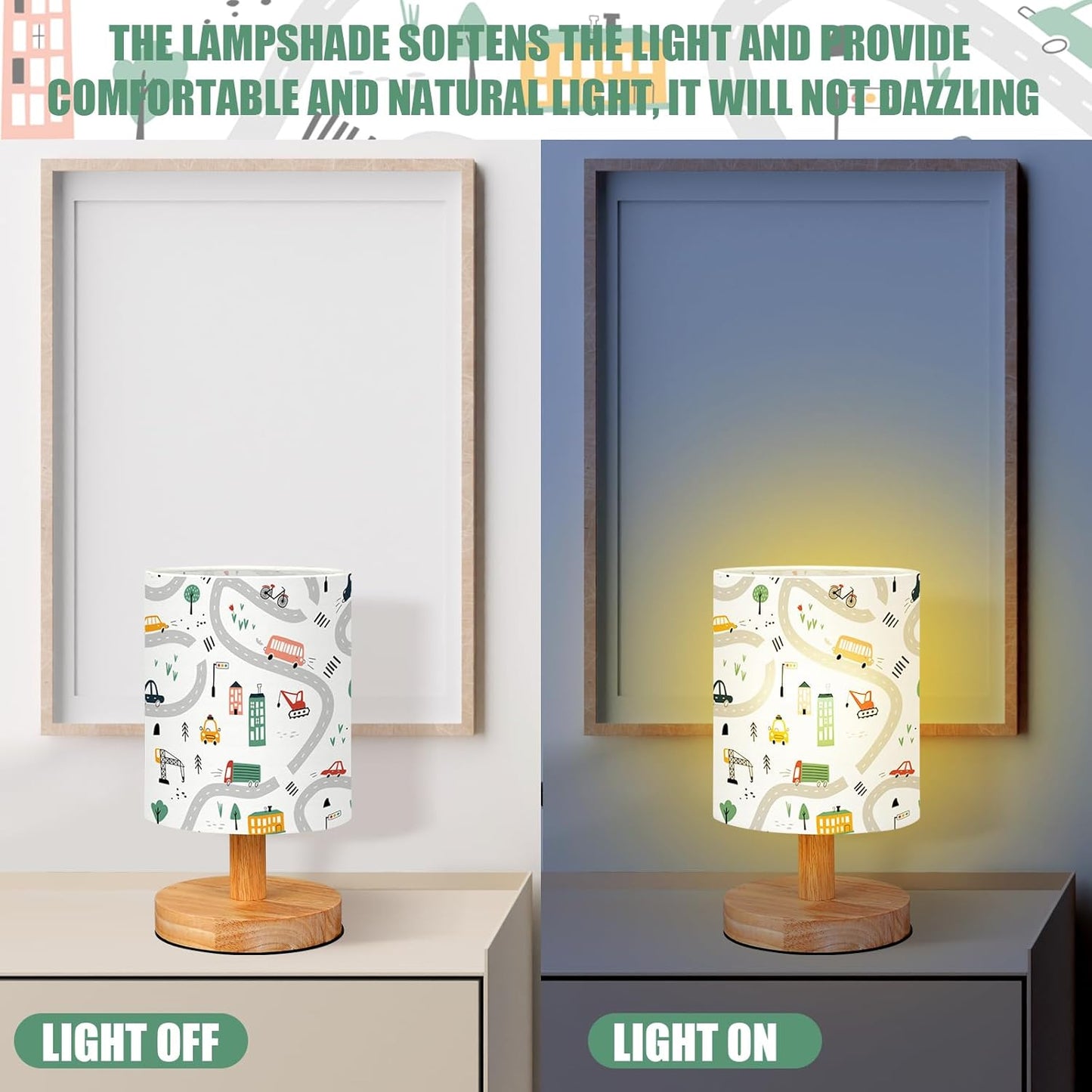 VIHOSE Transportation Kids Table Lamp for Bedroom Kids Bedside Lamp with Linen Wooden Nightstand Cartoon Nursery Lampshade for Girls Boys Living Room