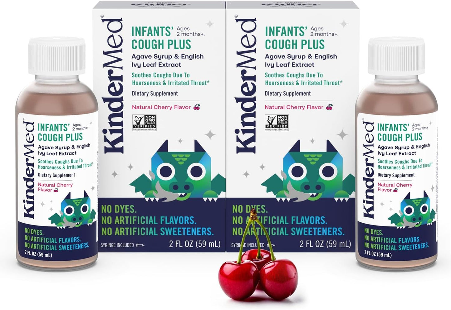 KinderMed Infants' Daytime Cough Plus, Organic Agave Syrup and English Ivy Leaf Extract, No Dyes, No Artificial Flavors or Sweeteners, Non-GMO, 2 Months+, Natural Cherry Flavor, 2 fl. oz (Pack of 2)