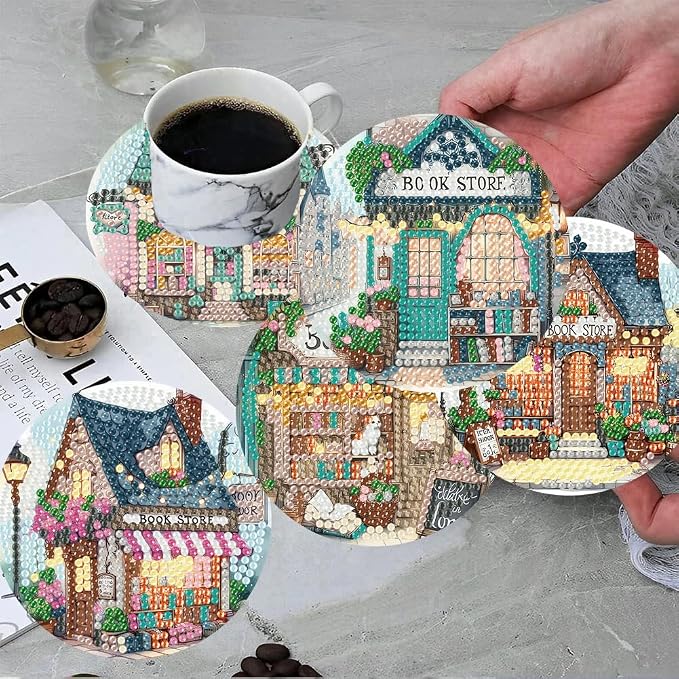 ijbnhd Diamond Art Coasters Kits, Book Store, 4x4 inch | Cork Wooden Pad