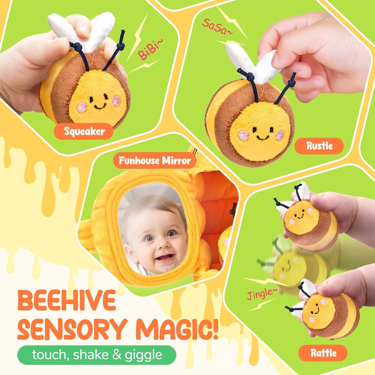 JoyCat 6 Month Old Baby Toys, Flower Beehive with 5 Stuffed Sensory Bees, Crinkle, Rattle, Mirror, Montessori Toys for 6-10 Months Old Babies, Infant Toys Baby Shower Birthday Christmas Gift