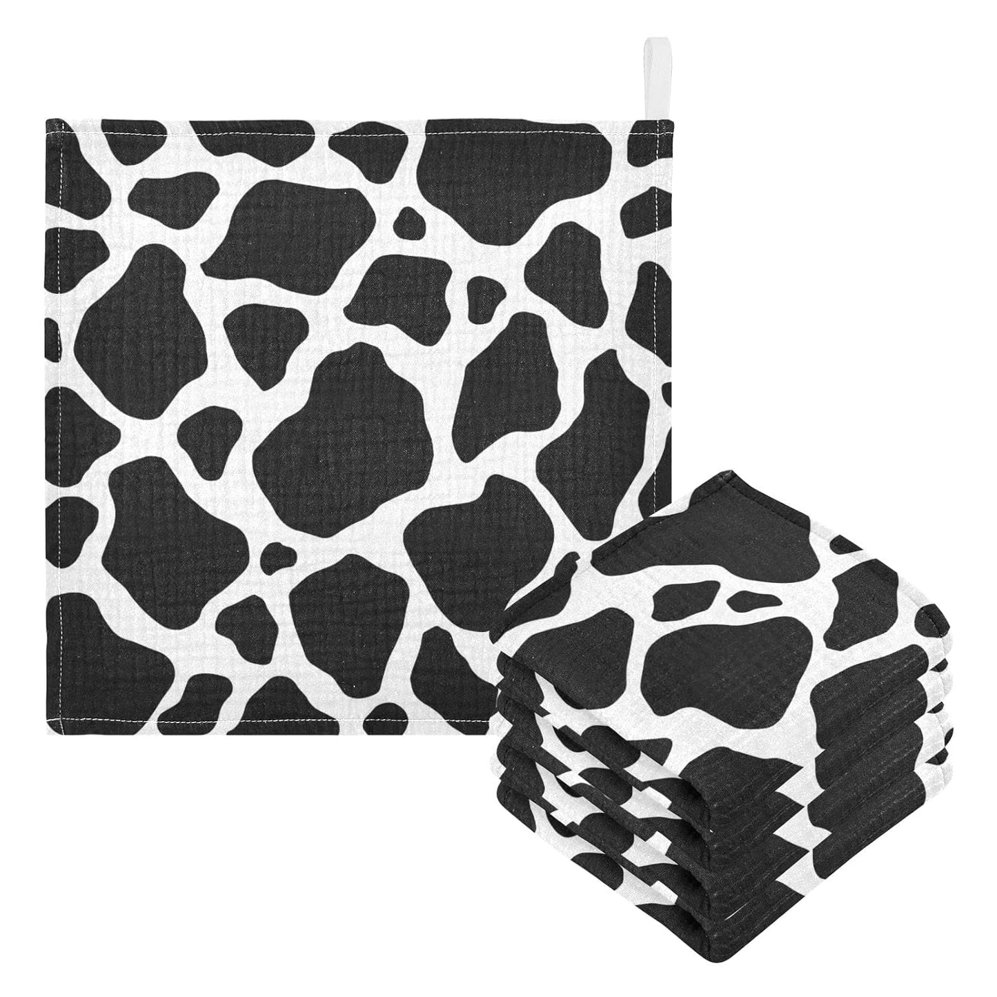 Black White Cow Print Baby Muslin Washcloths Cow Skin Burp Cloths Soft Absorbent Baby Wash Cloth Fingertip Face Towels for Newborn Boys Girls 12 x 12 in, 3 Pack