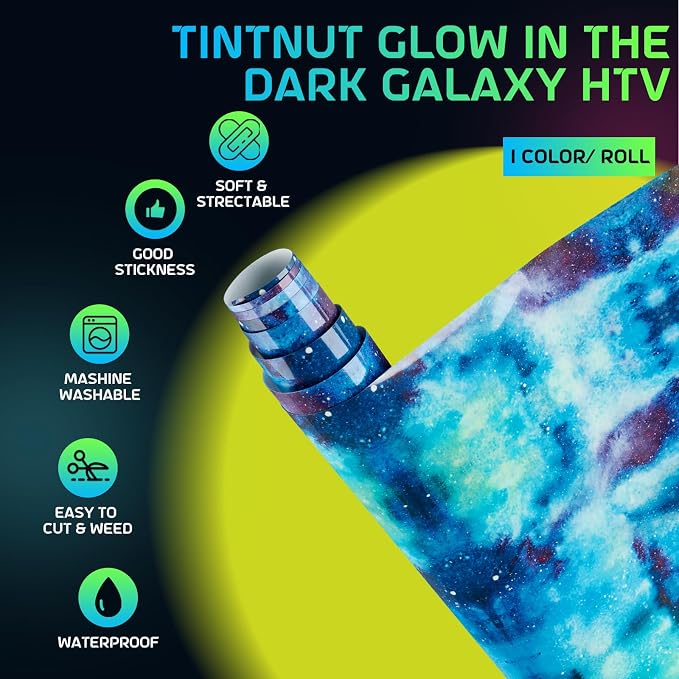 Tintnut Sky Blue Galaxy Glow in the Dark HTV Vinyl, stretch washable, suitable
