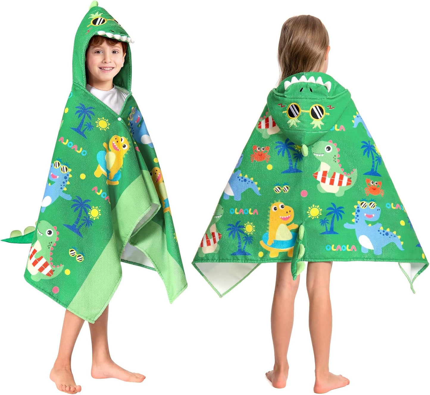 OLAOLA Dinosaur Beach Hooded Towel for Kids 3-12 Years, Soft Thick Absorbent Beach Towels, Toddler Bath Towel Wrap 28" x 53", Swim Pool Towels Poncho for Boys Girls