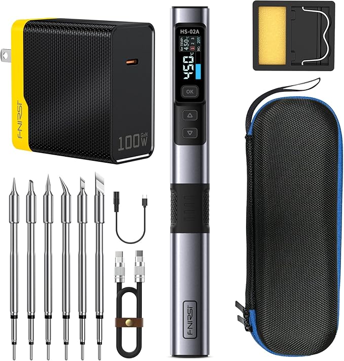 FNIRSI HS-02A 100W Portable Corded Soldering Iron Kit, 3S Fast Heating, 212-842℉, Pre-set 3 Groups Temperature, 6 F245 Soldering Tips, Smart Digital Soldering Iron Pen Tool for Electronics Repair
