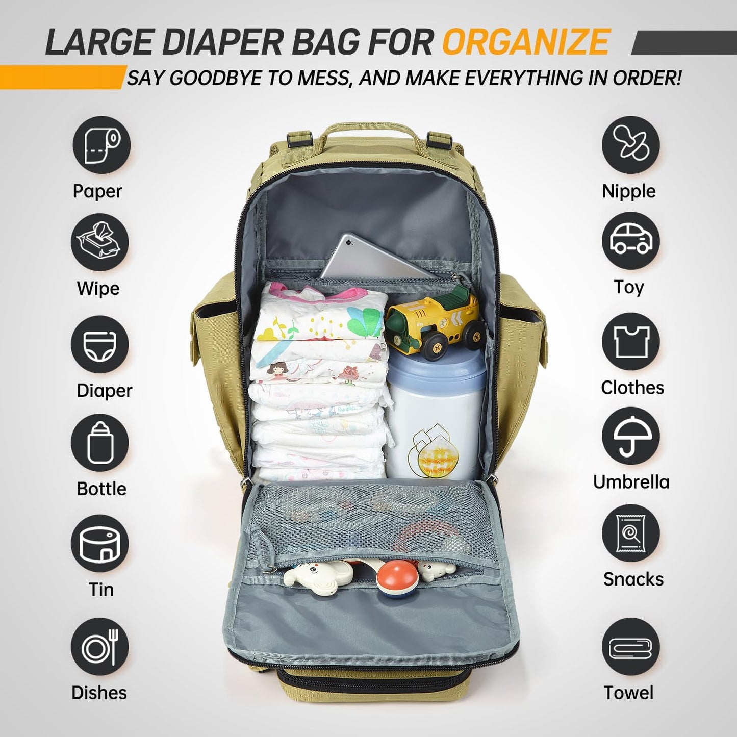 SHARKMOUTH Military Diaper Bag for Dad - Insulated Baby Diaper Backpack with Patches for Hiking Travel Camping - Baby Shower Gifts Tan