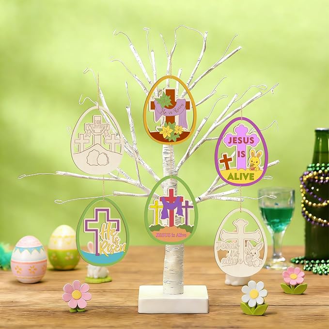 36PCS Wooden Easter Ornaments to Paint, Christian DIY Blank Unfinished Wood Egg