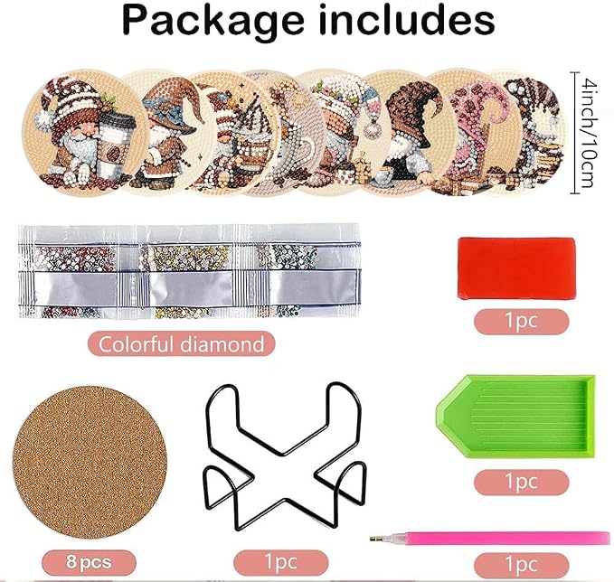Clendo 8 Pcs Coffee Gnome Diamond Art Coasters Kit