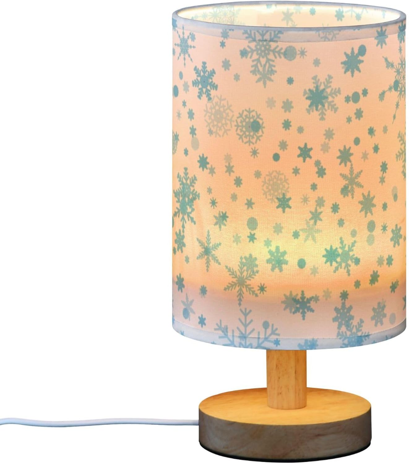 Table Lamp Blue Snowflake Pattern Snowy Christmas Frozen Xmas Holiday Decor Nightstand Lamp with Wood Base Fabric Lamp Shade Bedside Desk Lamp for Living Room Bedroom Kids Room Office