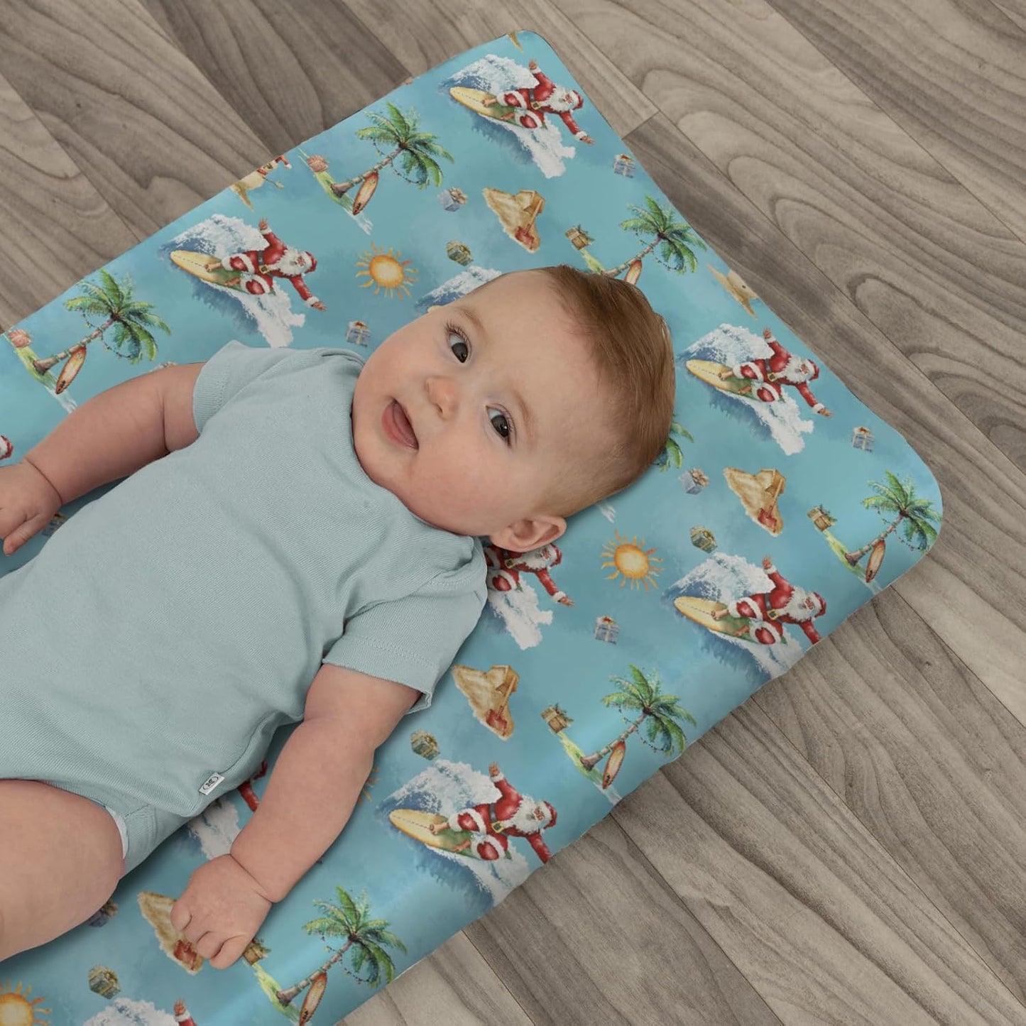 Christmas Surfing Santa Beach Baby Changing Pad Covers for Boy Girl Summer Santa Surfboard Palm Tree Gifts Fitted Changing Table Mats Winter Holiday Festive Soft Diaper Change Table Sheets 32''×16''