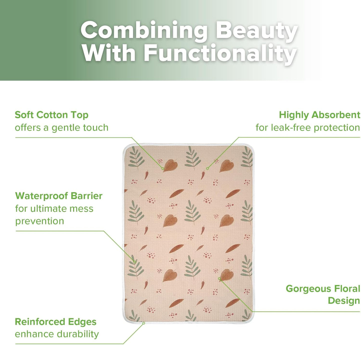 haakaa Waterproof Changing Pad Liners, 100% Cotton, Soft & Breathable (1pc, 19.5" x 27.5" Love Leaves)