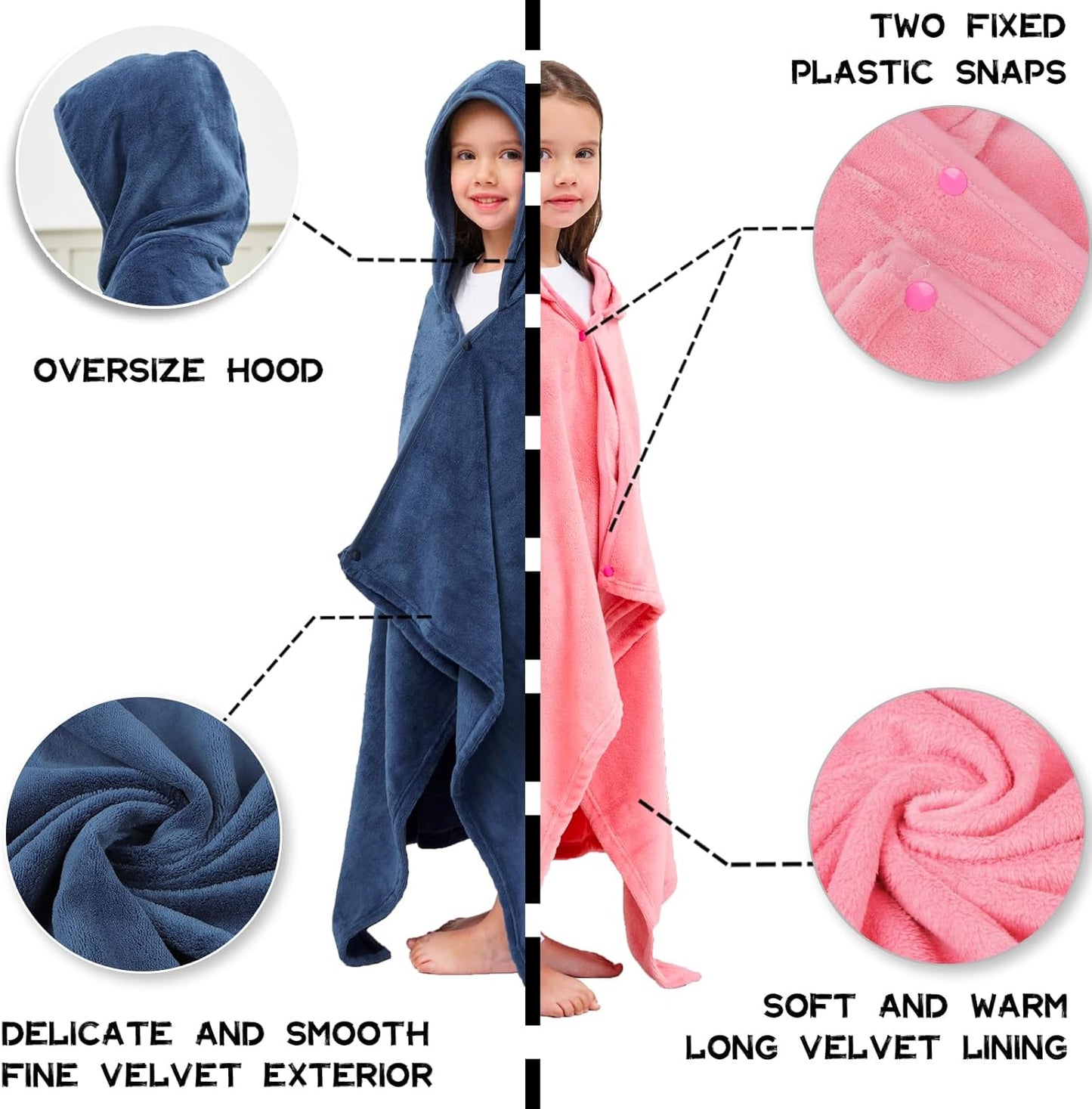 Hiturbo 2Pcs Kids Fleece Hooded Towel: Soft Plush Warm Blanket - 50"x30" Pool Beach Bath Swim Towel Wrap for 3-12 Yrs (Navy+Pink)