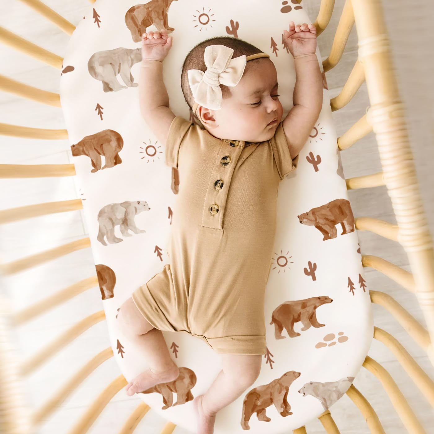 GRSSDER Stretchy Ultra Soft Bassinet Sheet 3 Pack, Universal Fit for Bassinets Baby Cradle Moses Basket Oval Rectangle Mattress or Changing Table Pad Safe and Snug, Stylish Print of Sunny Bear