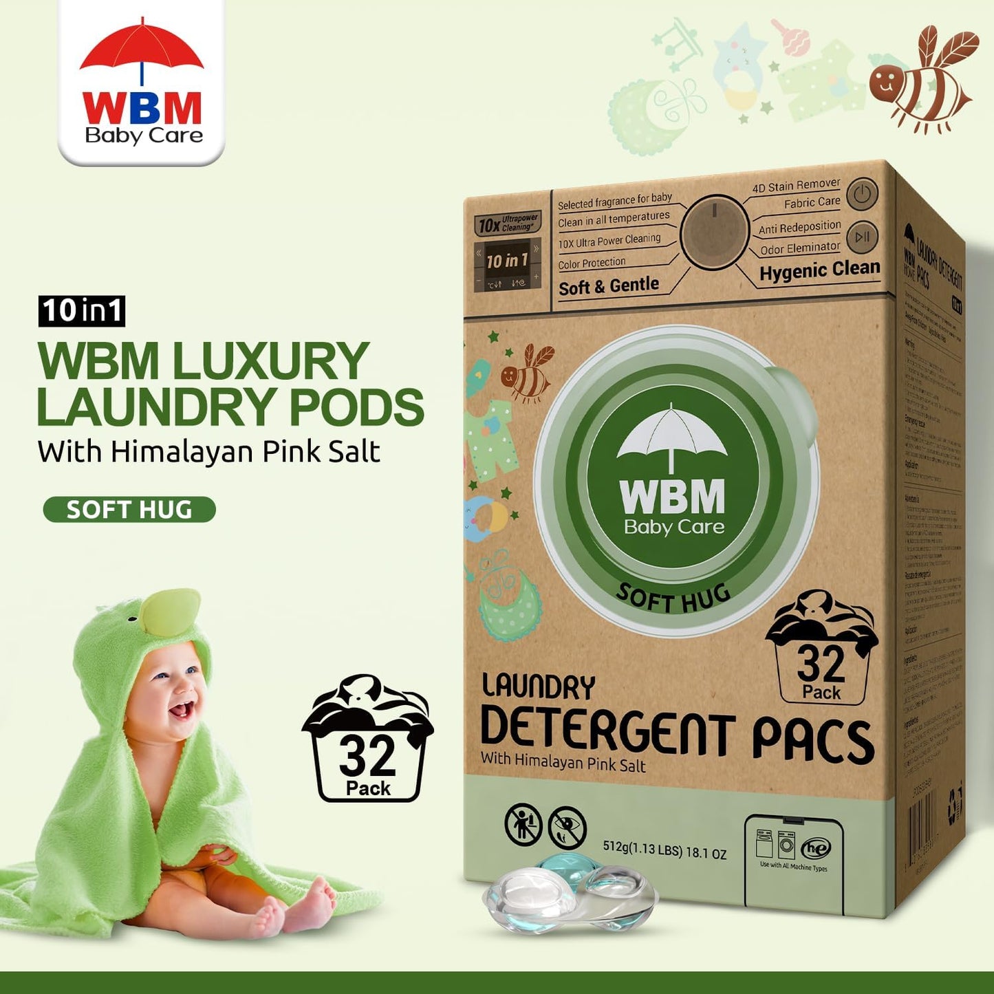 WBM Baby Care Laundry Detergent Pods, 32 Count | Laundry Pods Specially Designed For Clothes | Soft Hug Fragrance With 10x Ultra Power Cleaning