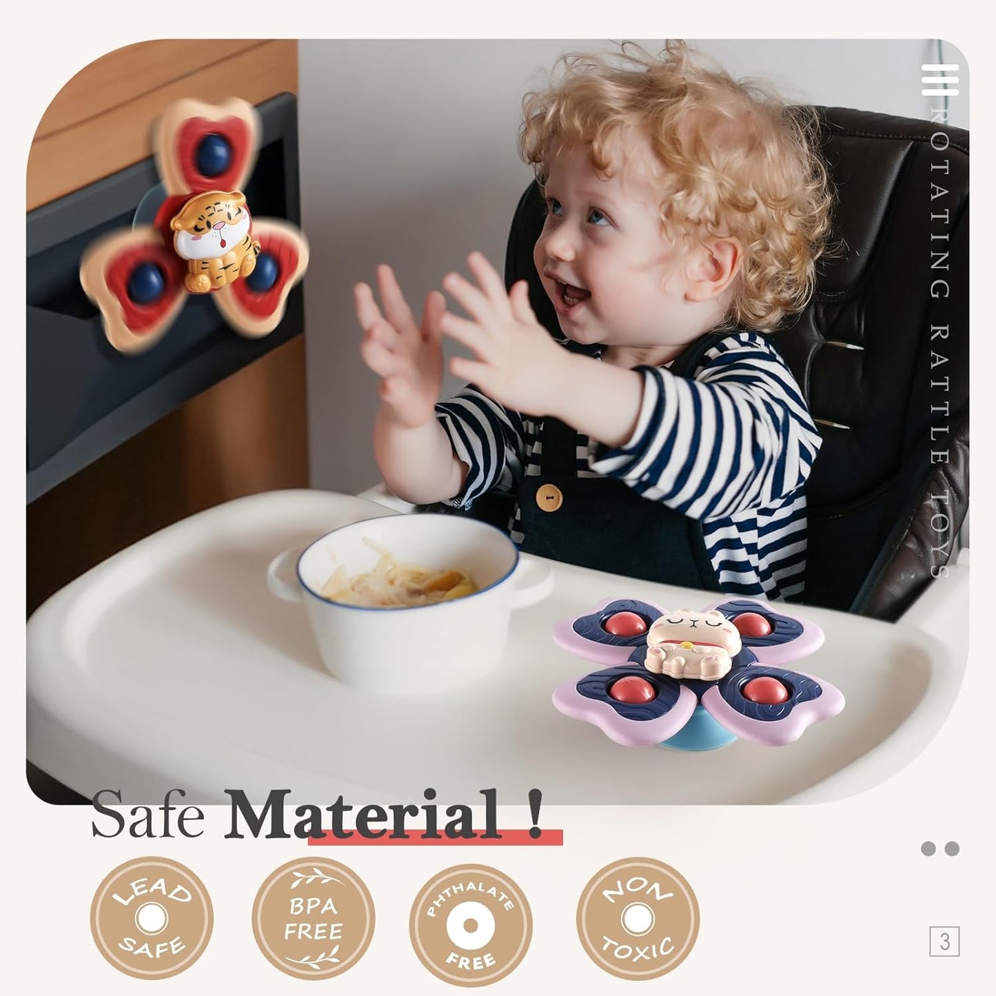 ALASOU 3PCS Suction Cup Spinner Toys for 1 Year Old Boy Girl|Spinning Top Infant Sensory Toys for Toddlers|1 2 Year Old Boy Christmas Birthday Gift|Baby Bath Toy Stocking Stuffers for Kids Ages 1-3