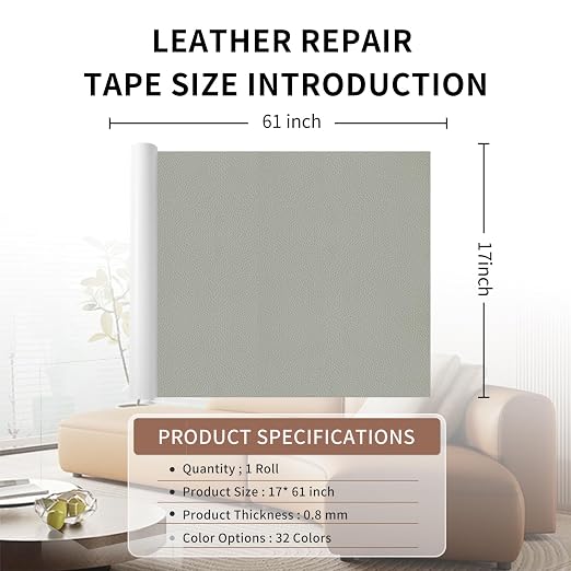 Leather Repair Patch Tape, Light Grey 17 x 61 Inches Self Adhesive Leather