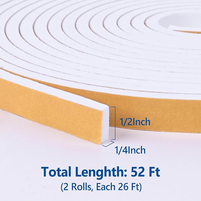 Self Adhesive Foam Tape Weatherstrip 1/2in x 1/4in x 52Ft High Density Foam