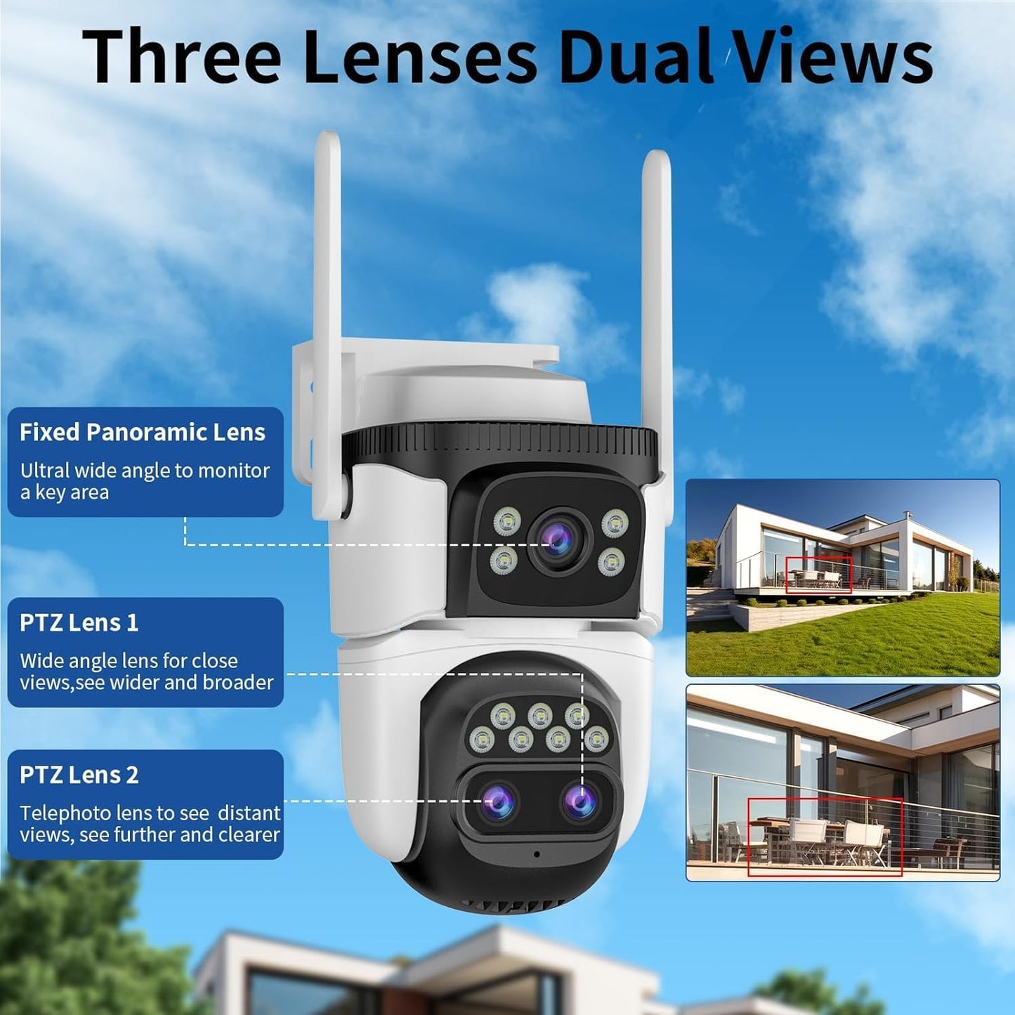 VSTARCAM Three-Lens Security Camera,2K Outdoor Camera,Human Detection,Home Security Cameras Outdoor,Night Vision,Siren & Spotlight Alarm,Two Way Audio,Local & Cloud Storage,10x Zoom