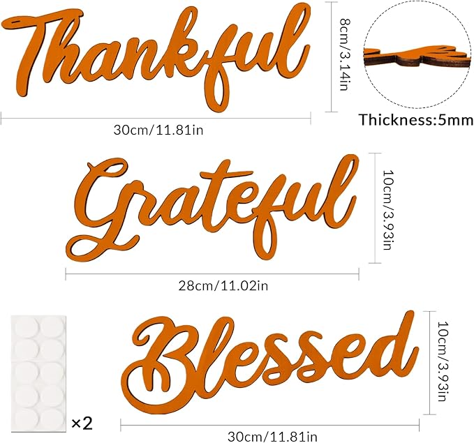 3 Pcs Unfinished Wood Thanksgiving Cutout Thankful Grateful Blessed Word