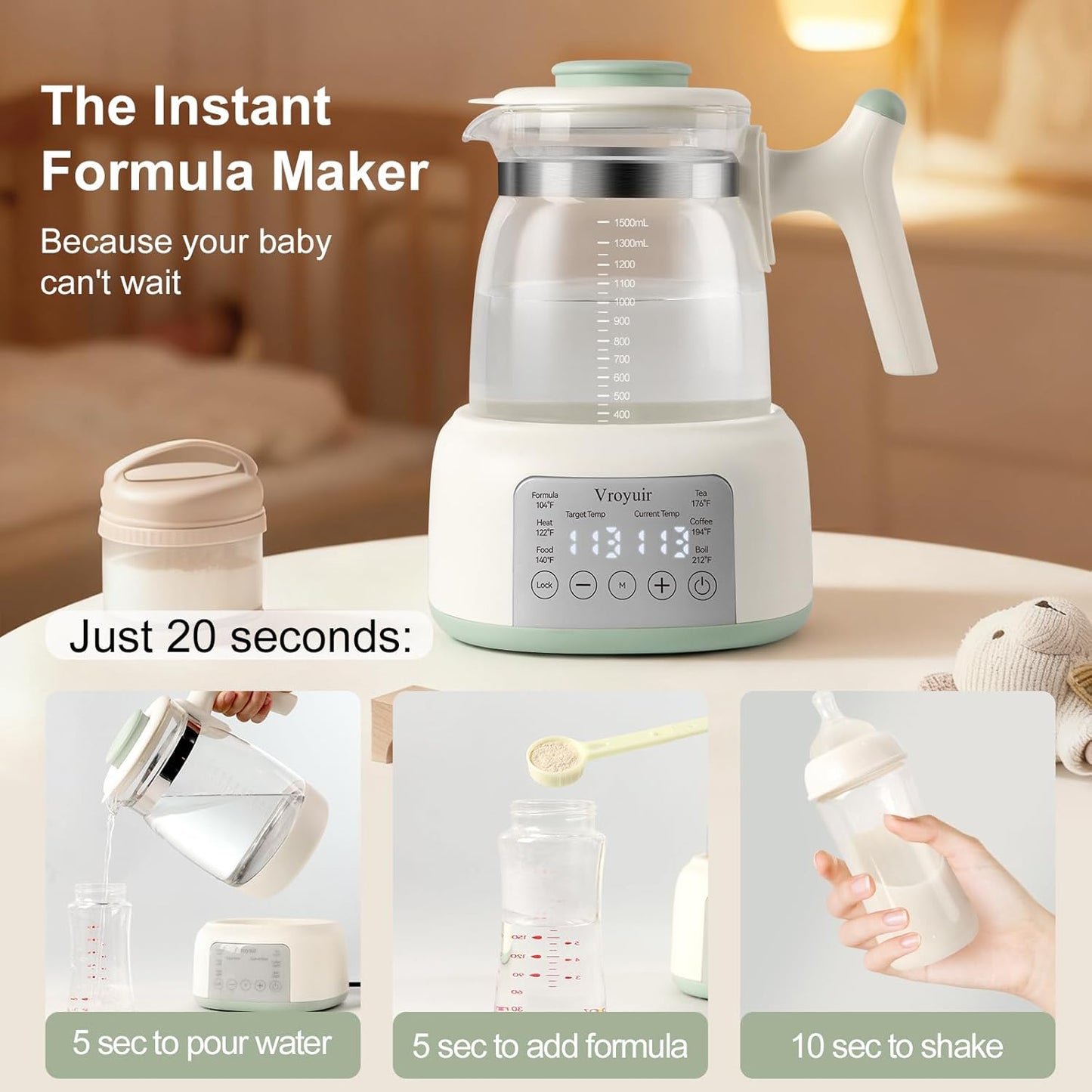 Instant Baby Water Warmer and Formula Dispenser, 1.5L Detachable Glass Tank with 6-Temp Settings, 72H Keep-Warm & Night Light, Universal for All Baby Bottles