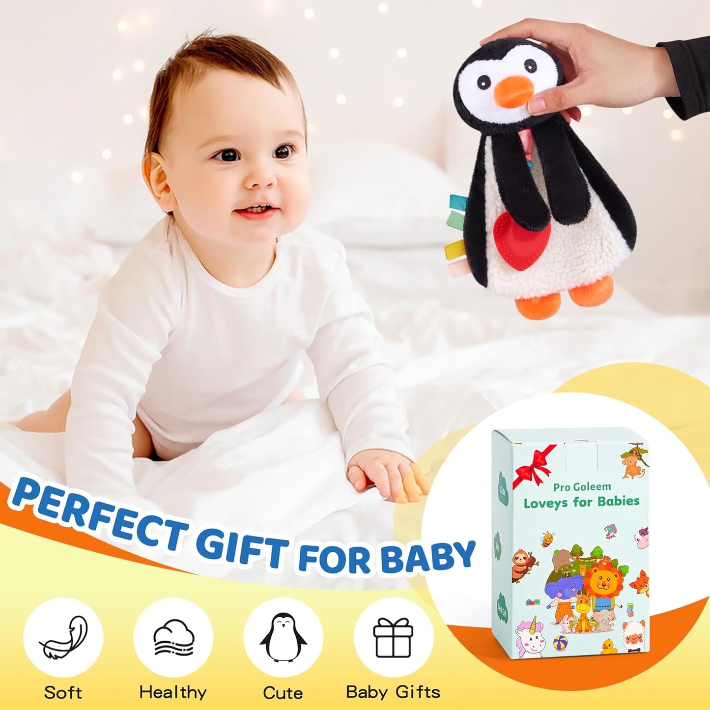 Pro Goleem Penguin Loveys for Babies Girl and Boy, Baby Lovey with Teether, Baby Toys 0 3 6 9 12 Months, Safety Teething Toys for Babies Infant Newborn and Toddler Baby Gifts