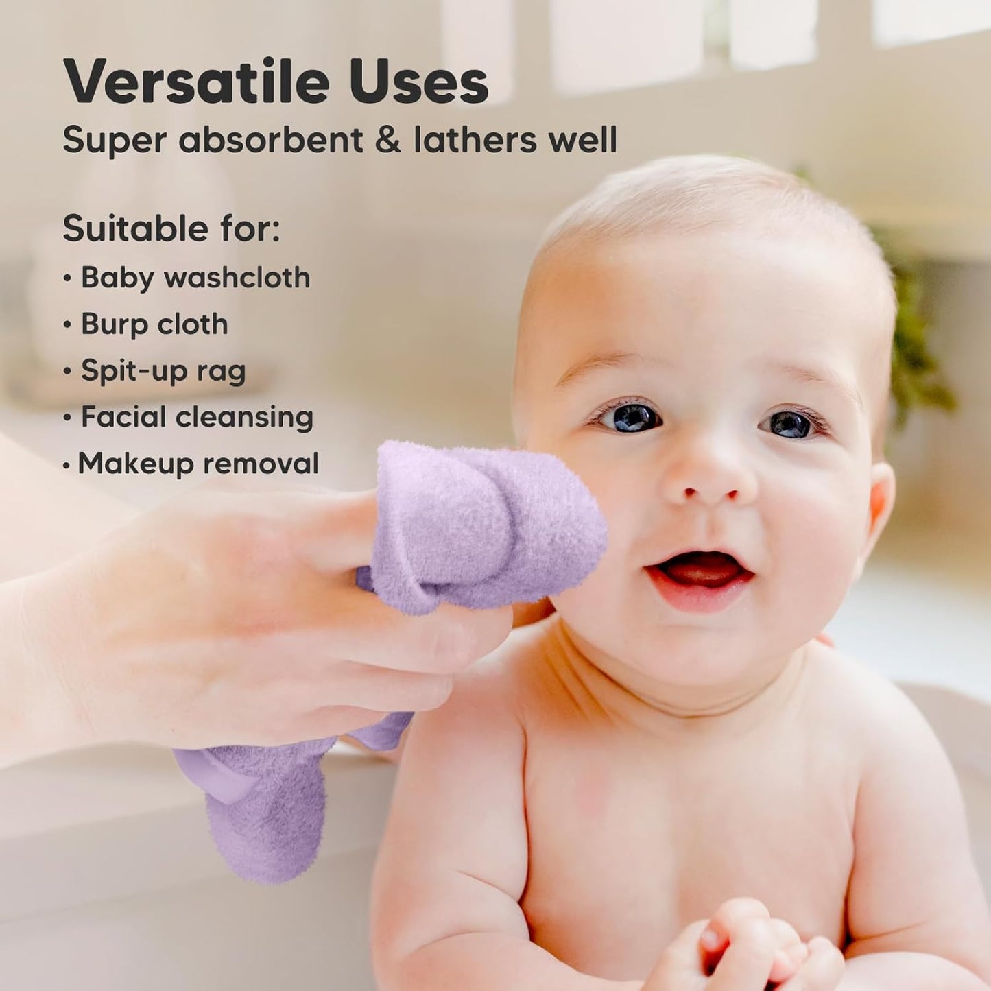 6-Pack Baby Washcloths - Soft Absorbent Viscose from Bamboo Wash Cloths for Babies, Kids, Toddlers, Infant, Newborn Bath Towels, Gentle on Sensitive Skin, 10x10 Reusable Face Towels (Soft Lilac)