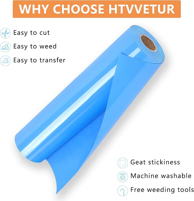 HTVVETUR Sky Blue HTV Iron on Vinyl 12Inch by 35ft Heat Transfer Vinyl