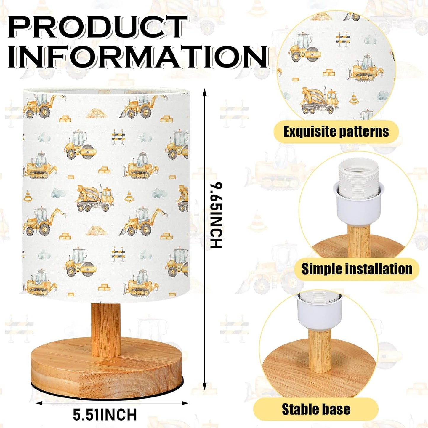 VIHOSE Construction Kids Table Lamp for Bedroom Kids Bedside Lamp with Linen Wooden Nightstand Cartoon Nursery Lampshade for Girls Boys Living Room