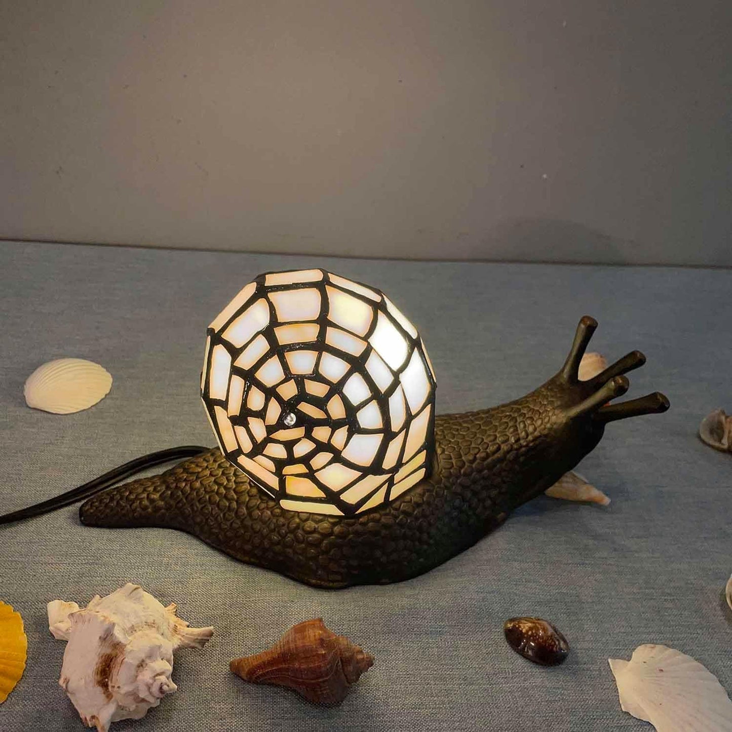Bieye L10988 Land Snail Tiffany Style Stained Glass Accent Table Lamp for Home Decoration (White, 10" D x 5" W x 5" H)