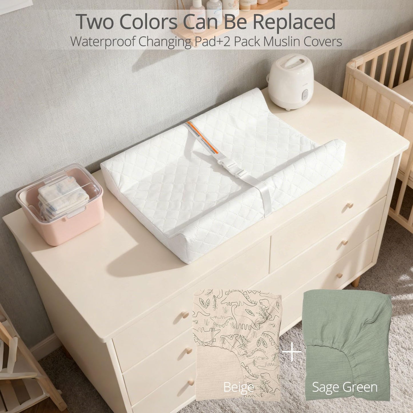 Muslin Baby Changing Pad, 2 Pack Muslin Soft Cotton Covers & Waterproof Lining Foam Diaper Changing Table Pad 32" x 16.6" Mat for Dressers